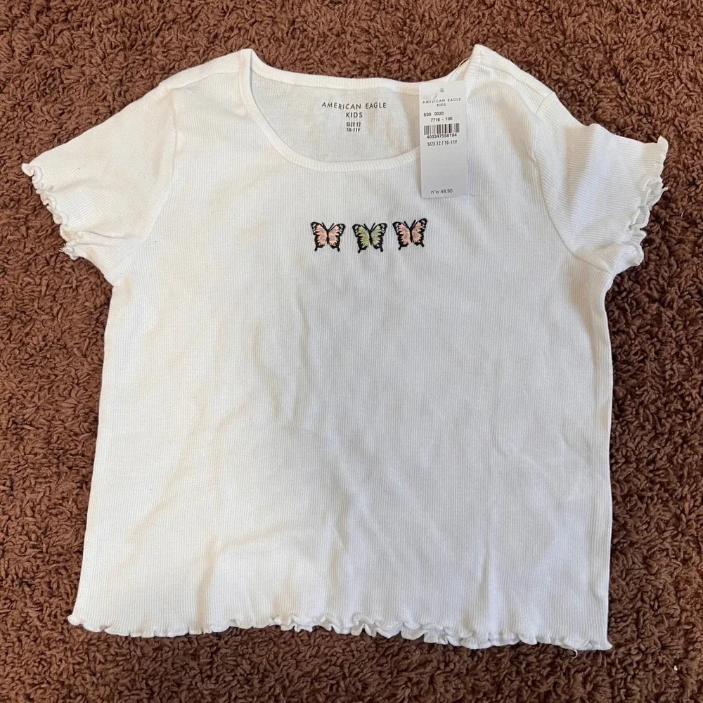 American Eagle Kids White Butterfly Graphic Ribbed‎ Lettuce Hem Crop Top Size 12